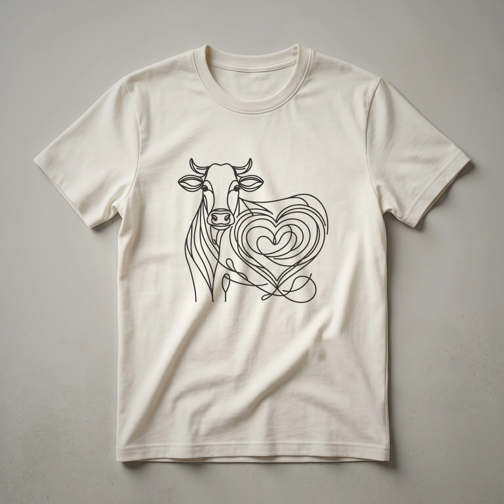 Black line art graphic of a cow's head forming a heart shape, printed on a white t-shirt.