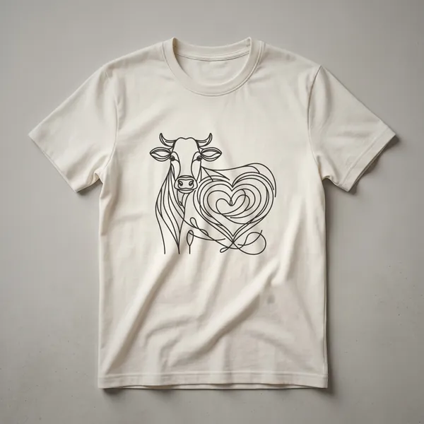 Black line art graphic of a cow's head forming a heart shape, printed on a white t-shirt.