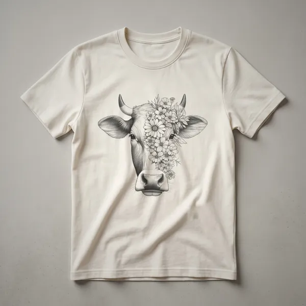 White graphic t-shirt featuring a black line drawing of a cow's face with flowers and a butterfly.