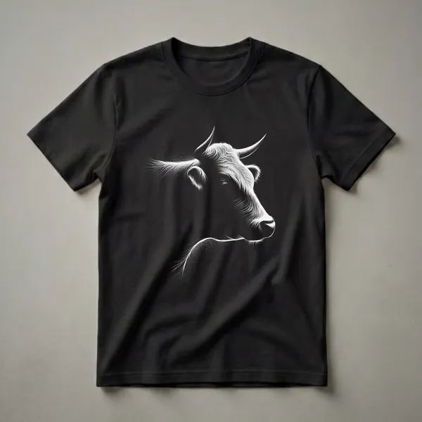 Black t-shirt with a white line art illustration of a cow's head, featuring detailed fur texture and a spray paint effect.