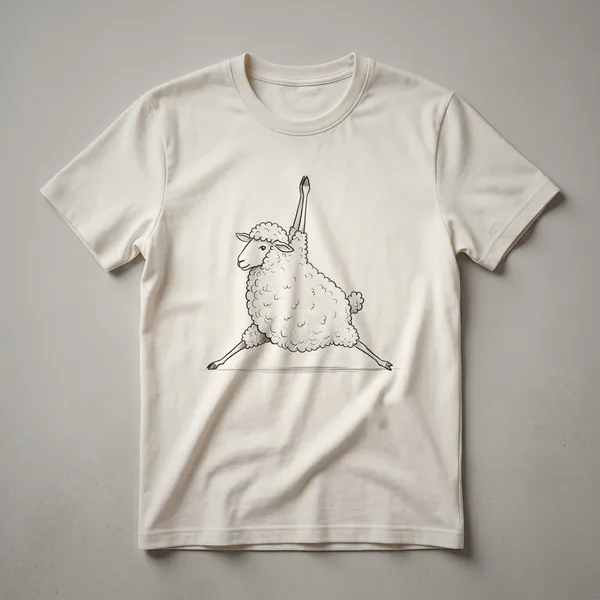 White graphic t-shirt featuring a black and white illustration of a sheep in a yoga pose with a distressed background.