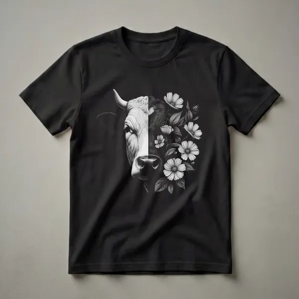 Black and white stippled graphic t-shirt featuring a cow's face on the left, merging into a bouquet of flowers and leaves on the right.