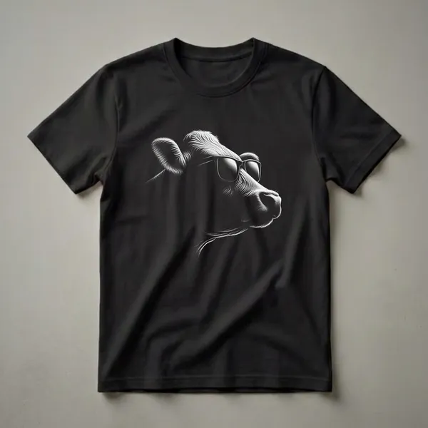 Black and white graphic t-shirt featuring a detailed stippled illustration of a cow wearing dark sunglasses, set against a black background.