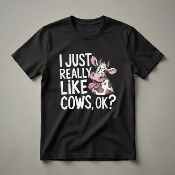 Black t-shirt with white distressed text that reads 'I JUST REALLY LIKE COWS, OK?' next to a cartoon cow with wide eyes and its tongue sticking out.