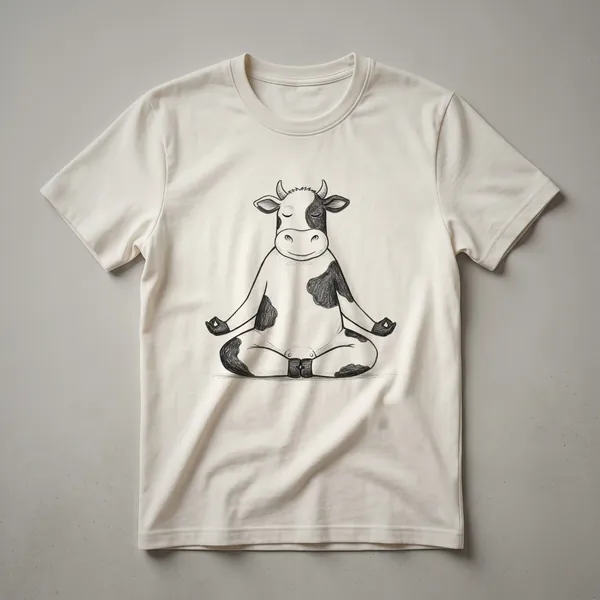 Black graphic t-shirt with a white illustration of a cow meditating, surrounded by Zen and Buddhist symbols.