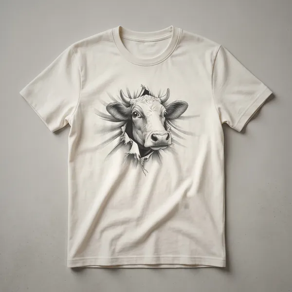 Black and white cow peeking over a green grassy hill with a blue sky graphic t-shirt.