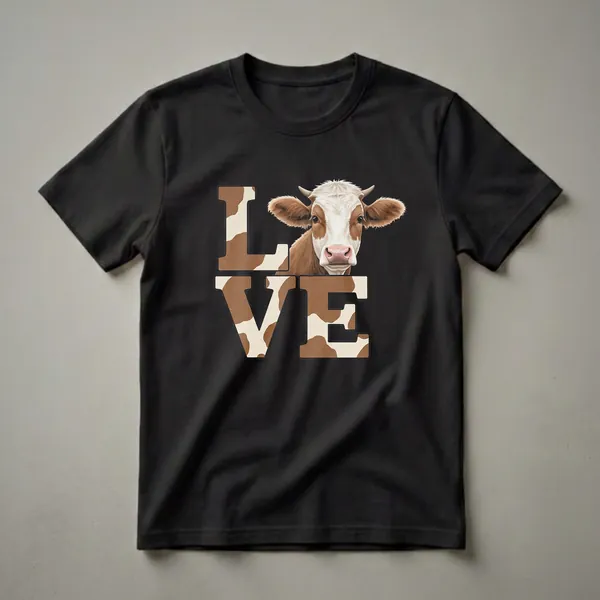A graphic t-shirt featuring the word 'LOVE' filled with a brown and white cowhide pattern, with the face of a brown and white cow superimposed over the letters.