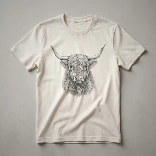 Black and white sketch drawing of a Highland cow's head, featuring its distinctive long horns and shaggy fur, printed on a t-shirt.