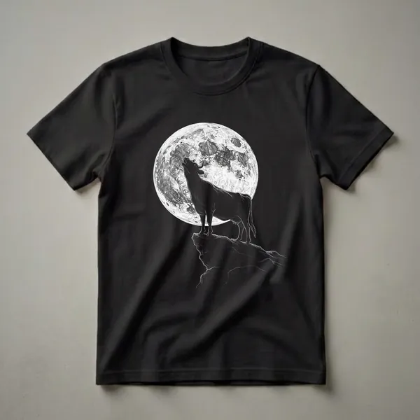 Black graphic t-shirt featuring a silhouette of a cow howling at a large, textured full moon while standing on a rocky outcrop against a black background.