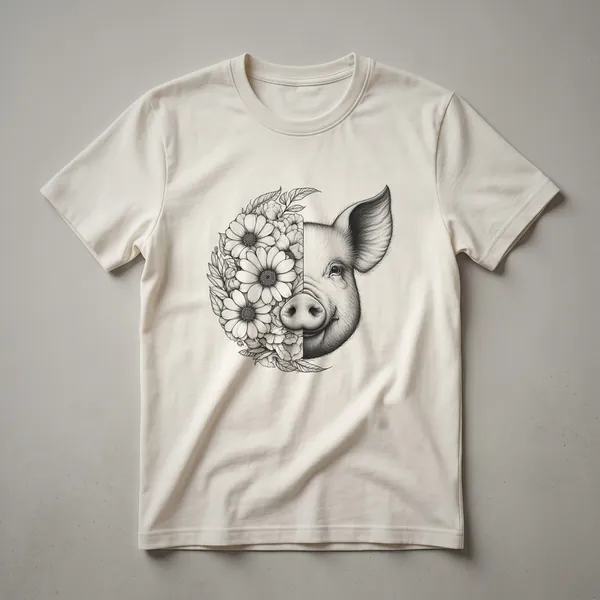 White t-shirt featuring a stylized graphic of a pig's face surrounded by a colorful arrangement of blooming flowers.
