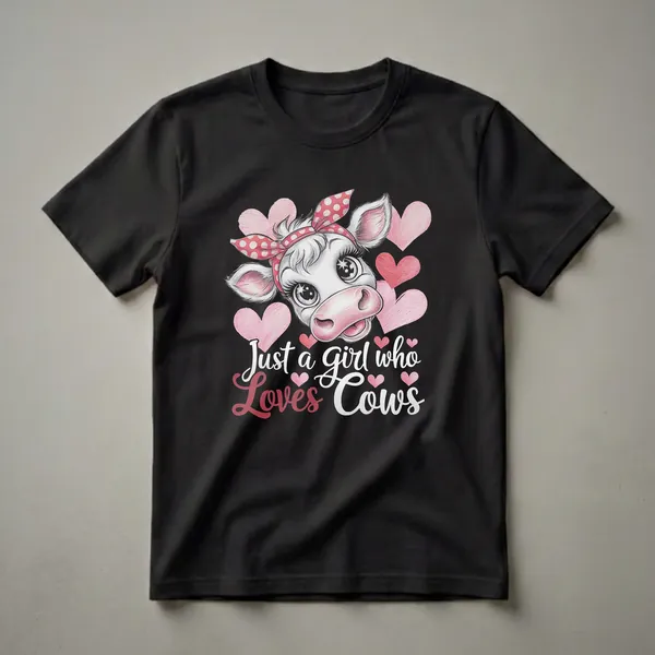 Black t-shirt featuring a cartoon cow with a red polka dot bandana and large, expressive eyes, surrounded by pink and red hearts, with the text 'Just a girl who loves cows'.