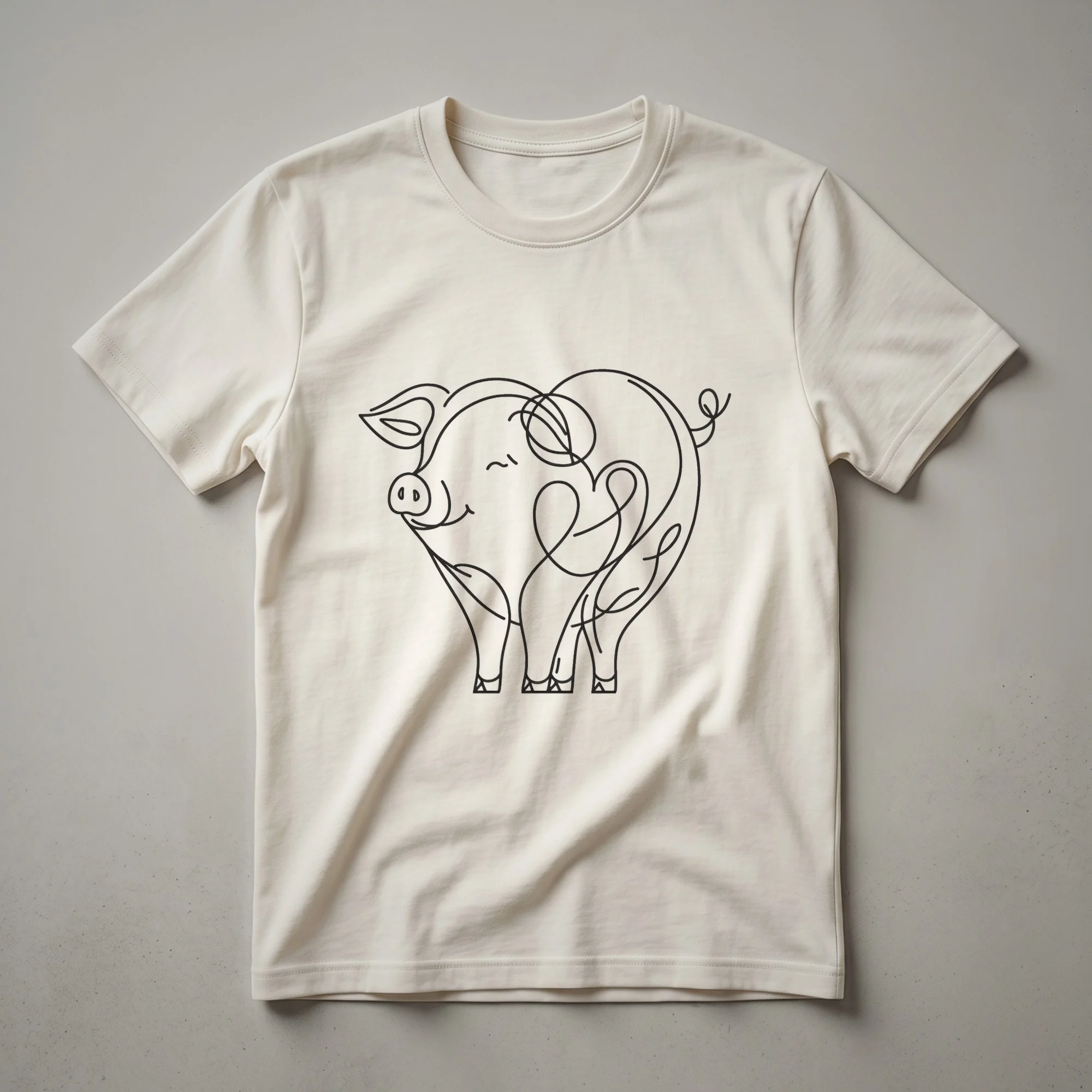 Black line art of a pig's face forming a heart shape on a white t-shirt, with subtle shading.