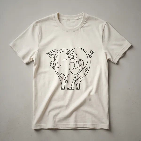 Black line art of a pig's face forming a heart shape on a white t-shirt, with subtle shading.