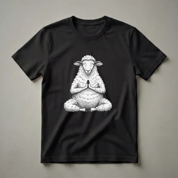 Black and white graphic t-shirt featuring a fluffy sheep meditating in a lotus position with its hands pressed together, eyes closed.
