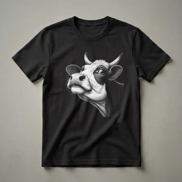 Black and white graphic t-shirt featuring a detailed illustration of a cow's face peeking from the side with a humorous expression.