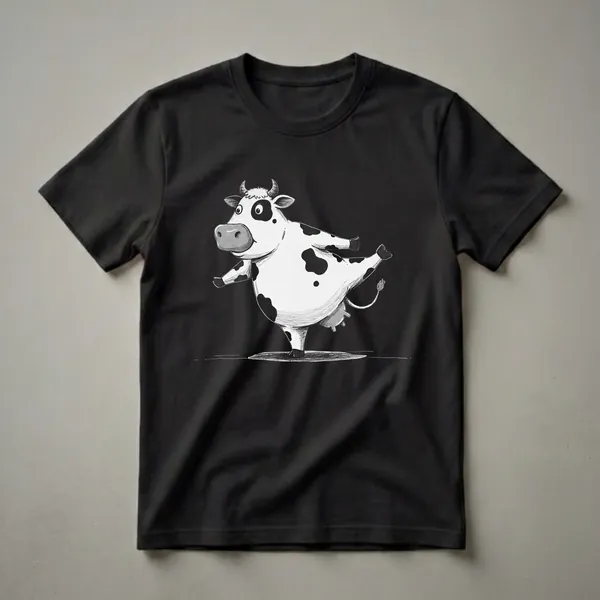 Black and white graphic t-shirt featuring a cartoon cow in a yoga pose, with black spots and horns, on a black background.