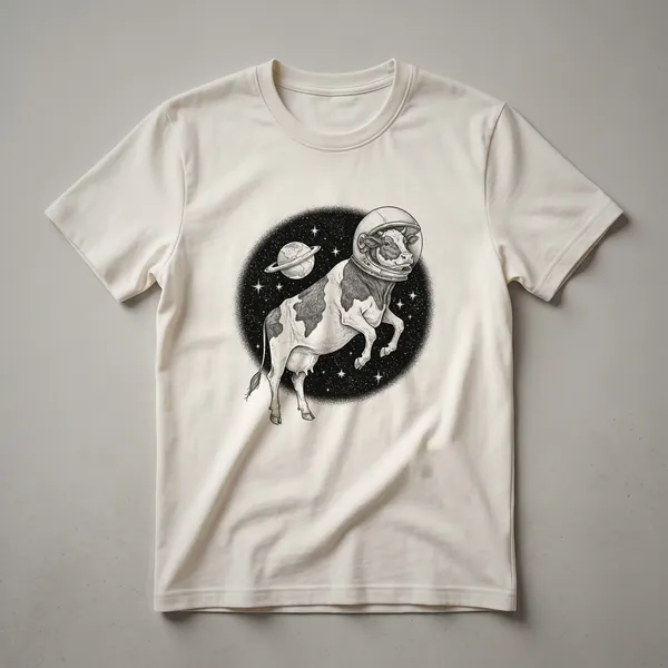 White graphic t-shirt with a cartoon cow wearing an astronaut helmet floating in space among planets and stars.