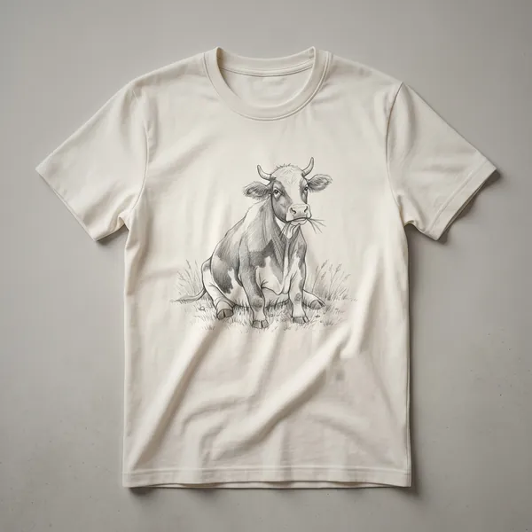 White and black cartoon cow standing in a green field with trees and mountains under a blue sky, on a white t-shirt.