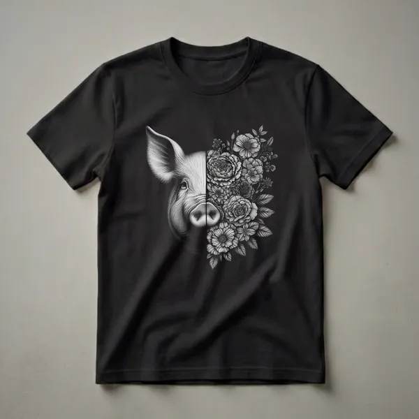 Black and white graphic t-shirt featuring a pig's face split down the middle, with the right side transforming into a detailed floral arrangement.