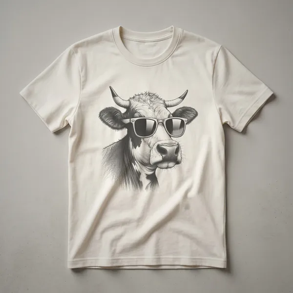 A graphic t-shirt featuring a cow wearing sunglasses, designed for cow dads and boys.