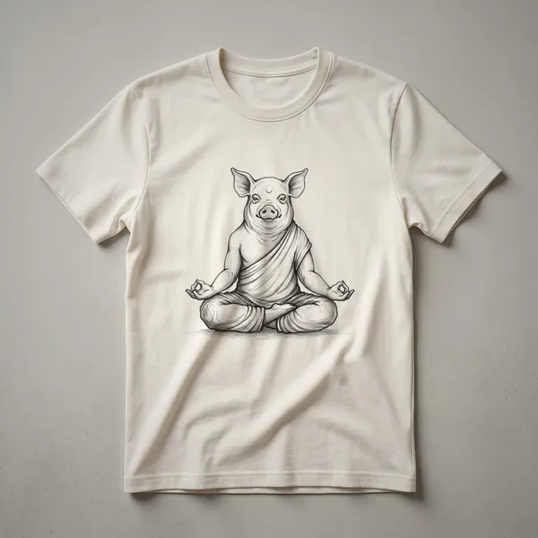 Black t-shirt with a graphic of a pig meditating in a lotus position, surrounded by a zen circle and Buddhist symbols.