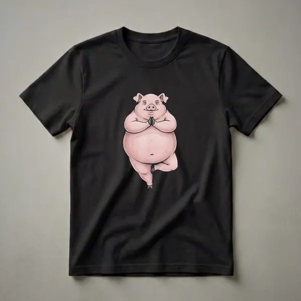 A pink cartoon pig is depicted in a yoga tree pose, with its hands pressed together in front of its chest, on a black background.