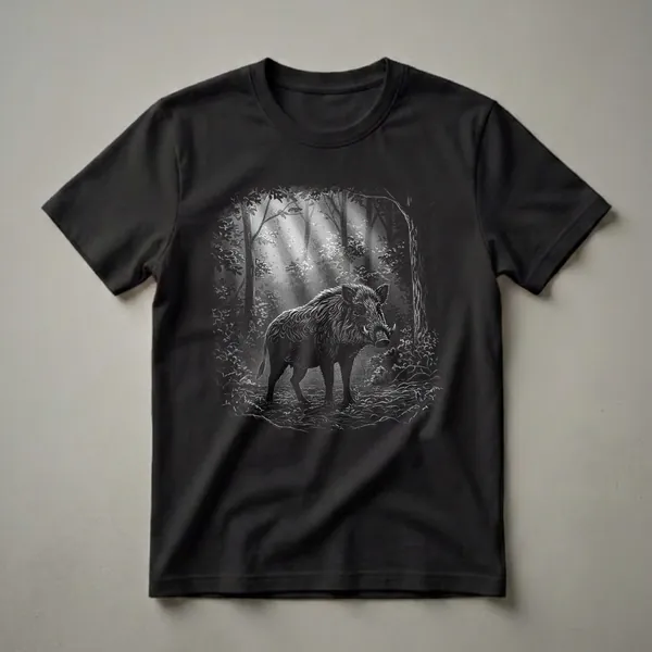 Black and white graphic t-shirt featuring a wild boar standing in a forest with sunbeams filtering through the trees.