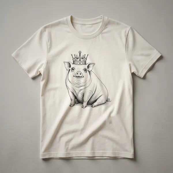 White t-shirt featuring a cartoon pig wearing a golden crown on its head, with a simple graphic design.