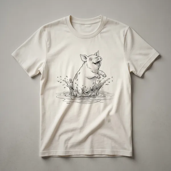 A white t-shirt with a graphic of a cartoon pig covered in brown mud, smiling joyfully, on a plain background.
