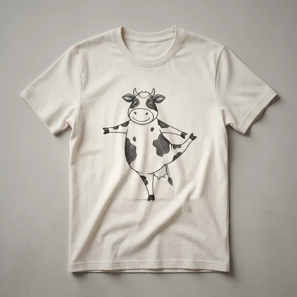 White graphic t-shirt featuring a cartoon cow in a yoga pose, with the text 'Cow Yoga' visible.