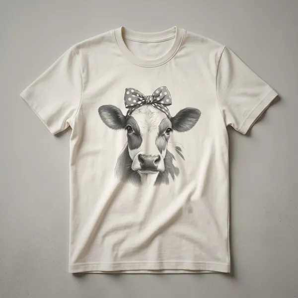 White graphic t-shirt featuring a cartoon cow wearing a floral crown and the text 'Cow Mom' in a playful font.