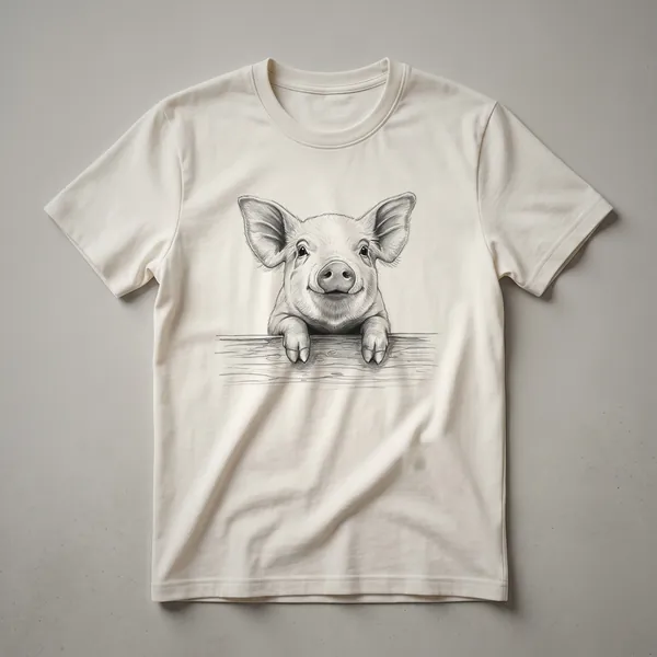 White t-shirt with a graphic of a cartoon pig peeking over a wooden fence, with the pig's head and snout visible.