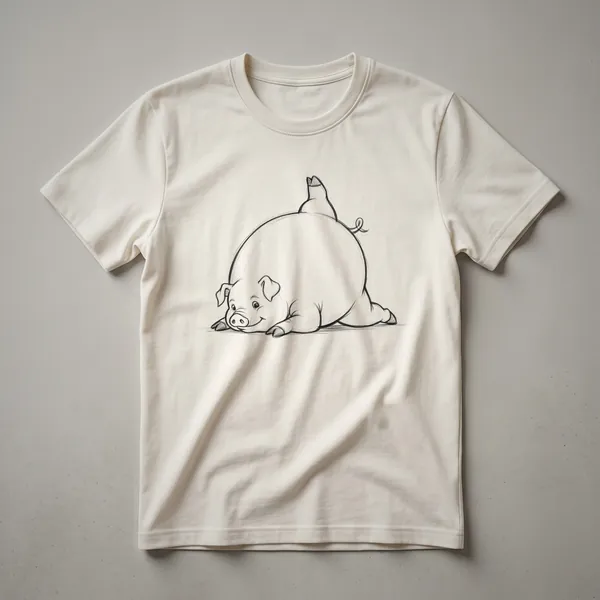 White t-shirt with a graphic of a pink pig wearing a pink t-shirt and doing a yoga pose.