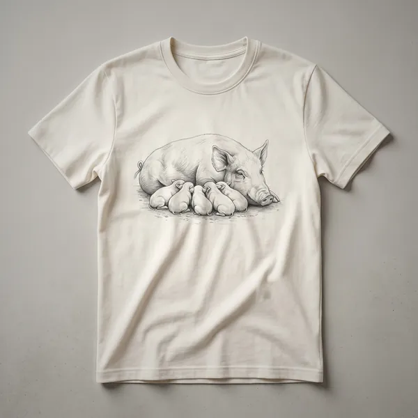 A graphic t-shirt featuring a mother pig with three small piglets in a heartwarming design, presented on a white background.