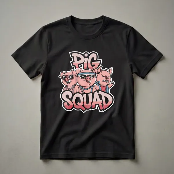 Black t-shirt featuring a "Pig Squad" graphic with three cartoon pigs wearing sunglasses and bandanas, with stylized pink and red text.