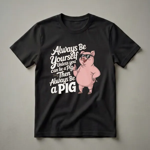 Black t-shirt with a pink cartoon pig wearing black sunglasses giving a thumbs-up next to bold script text reading Always Be Yourself Unless You Can Be A Pig.
