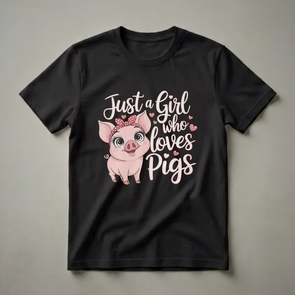 Black t-shirt with a cute pink cartoon piglet wearing a pink polka-dot bow headband next to pink cursive text reading Just a Girl who loves Pigs with heart accents.