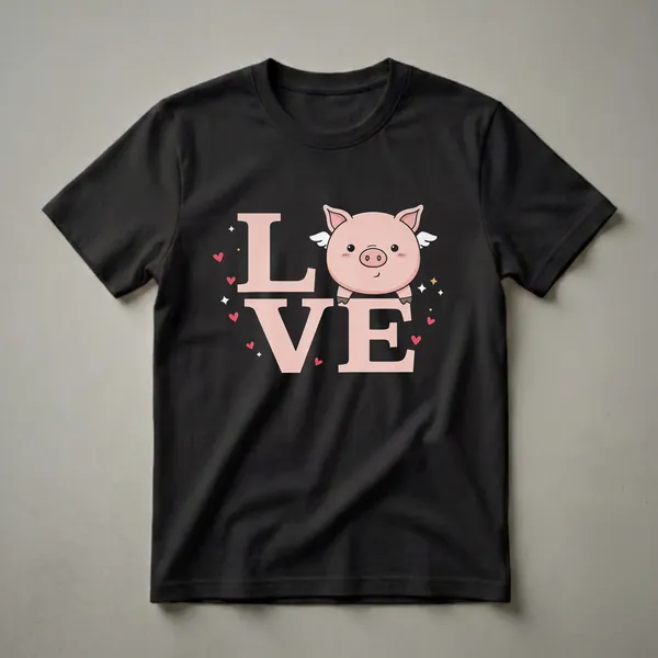 Black t-shirt featuring a pink cartoon pig with small white wings peeking over large pink letters that spell 'LOVE', with red hearts and white stars scattered around the design.