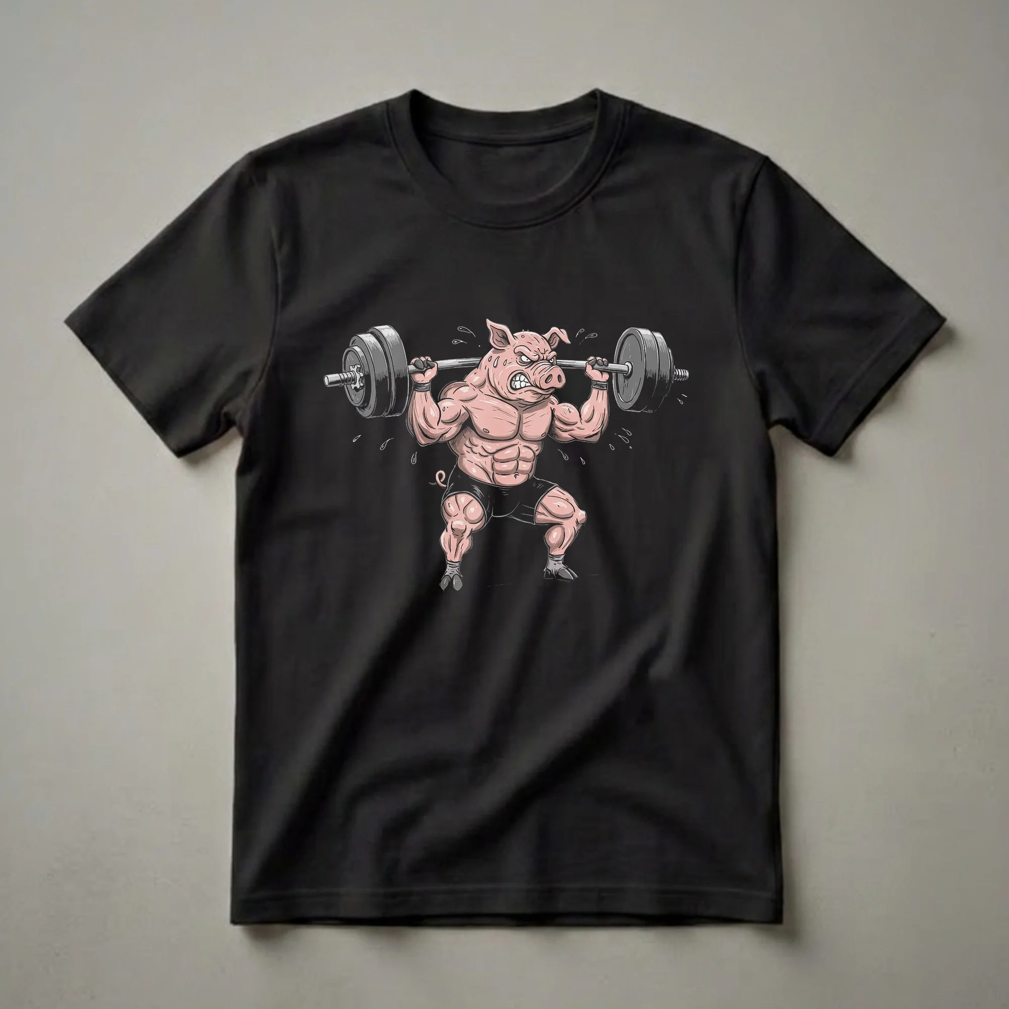 A black t-shirt featuring a cartoon illustration of a very muscular pink pig lifting a heavy barbell, with sweat droplets around it, on a black background.