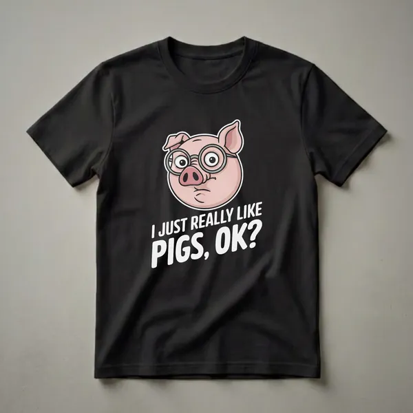 Black t-shirt featuring a cartoon pig wearing round glasses and the text 'I JUST REALLY LIKE PIGS, OK?' in white.