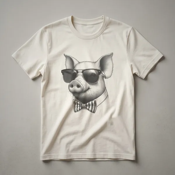 A graphic t-shirt design featuring a cartoon pig wearing sunglasses, presented on a white background.