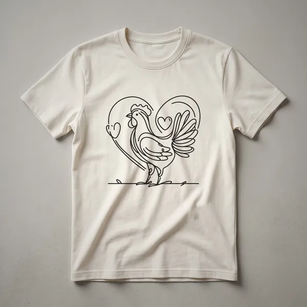 White line art of a chicken inside a heart on a black t-shirt, symbolizing chicken love.