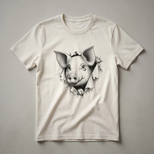 White t-shirt with a cartoon pig peeking from the bottom edge, featuring a pink snout and black eyes.