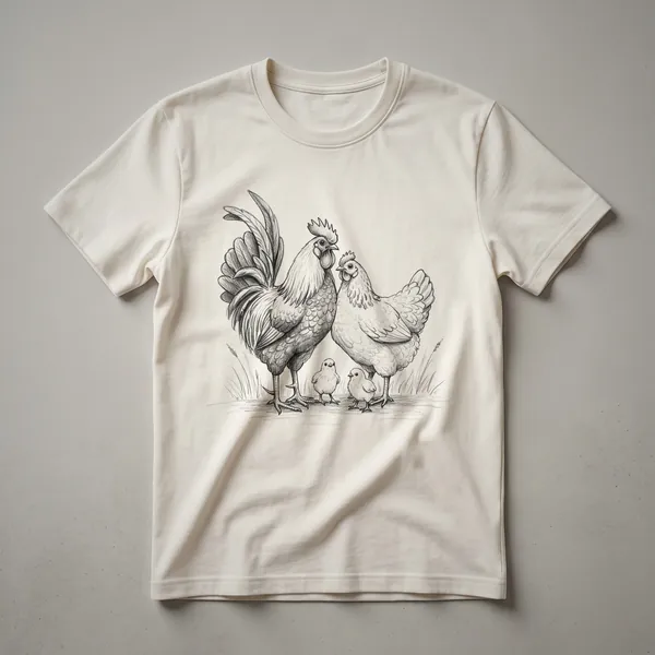 A graphic t-shirt design featuring a rooster, hen, and chicks in a stylized illustration, suitable for farmers and poultry lovers.