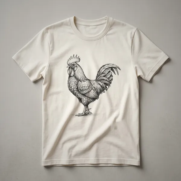 Black and white sketch illustration of a chicken on a white t-shirt, featuring vintage drawing style and rustic charm.