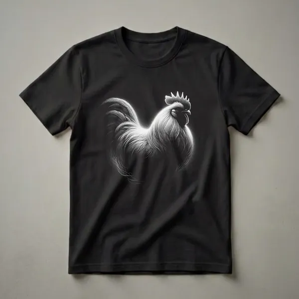 Black t-shirt with a white, detailed illustration of a rooster in profile, showcasing its feathers and crest.