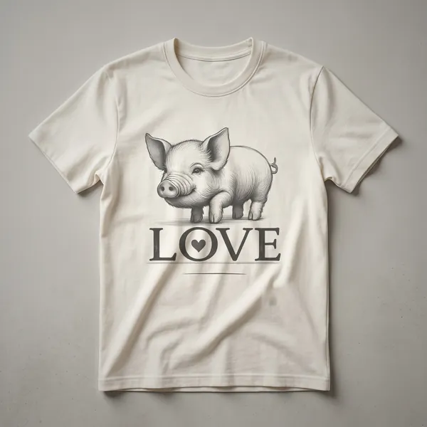 Black graphic t-shirt featuring a vintage black ink drawing of a pig in profile.