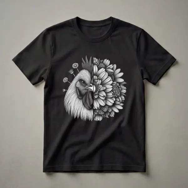 Black and white graphic t-shirt featuring a split design of a chicken's face on the left and a cluster of detailed flowers on the right, on a black background.