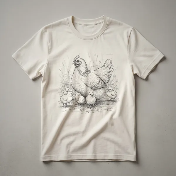 White graphic t-shirt featuring a vintage line drawing of a mother hen with three chicks.
