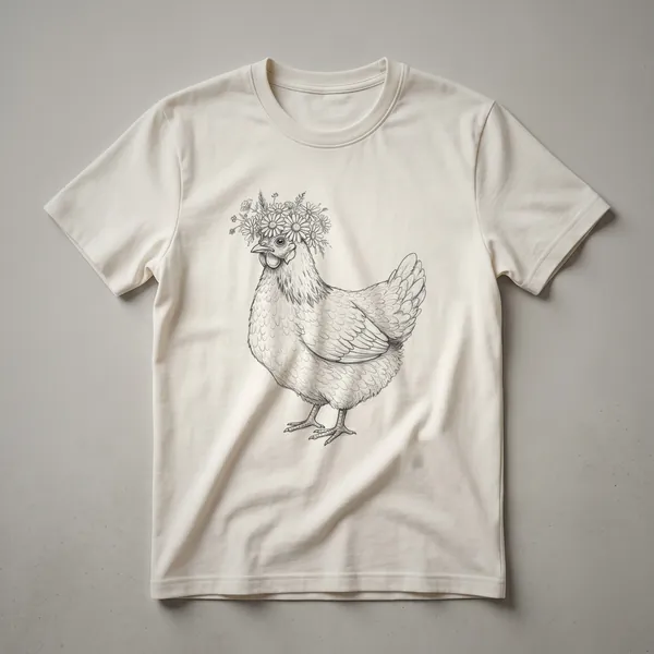 White graphic t-shirt featuring a stylized hen wearing a colorful floral crown, with the hen's body in black and white.